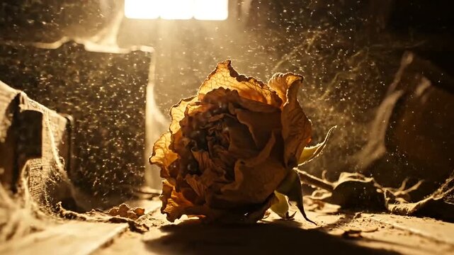 Close-up of a withered rose in a dusty environment, illuminated by sunlight filtering through a window