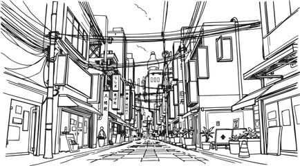 City landscape. Different buildings on street, outline cityscape hand sketch, flat houses. Hand drawn vector illustration