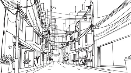 City landscape. Different buildings on street, outline cityscape hand sketch, flat houses. Hand drawn vector illustration