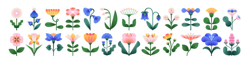 Obraz premium Floral design elements set. Abstract folk style flowers with geometric shapes, delicate petals and leaf. Spring and summer blossoms, nature decor. Flat vector illustration isolated on white background