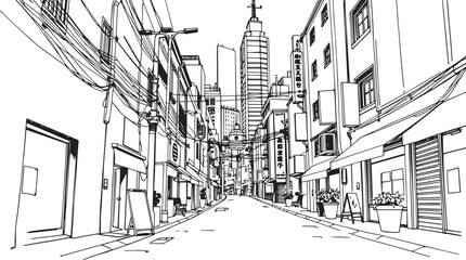 City landscape. Different buildings on street, outline cityscape hand sketch, flat houses. Hand drawn vector illustration