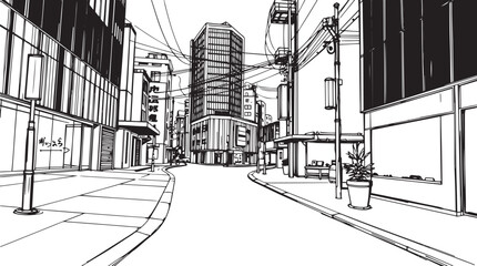 City landscape. Different buildings on street, outline cityscape hand sketch, flat houses. Hand drawn vector illustration