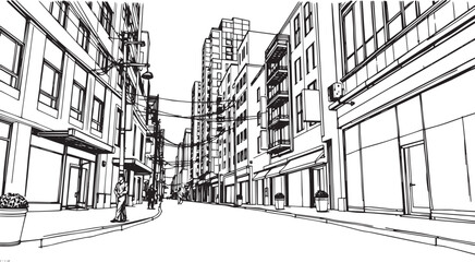 City landscape. Different buildings on street, outline cityscape hand sketch, flat houses. Hand drawn vector illustration