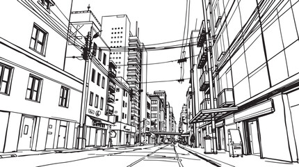 City landscape. Different buildings on street, outline cityscape hand sketch, flat houses. Hand drawn vector illustration