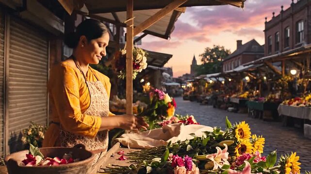 A woman in a market stalls with vibrant flowers. A dusk sky provides a warm backdrop