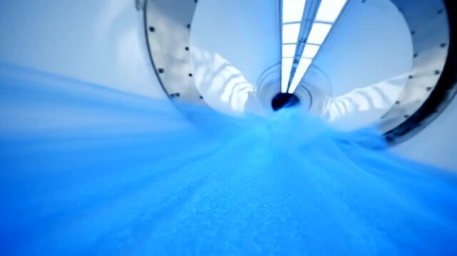 Blue slide inside a white tunnel with overhead lights and a dark opening ahead