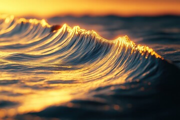 Waves reflect golden sunlight during a serene sunset over the ocean
