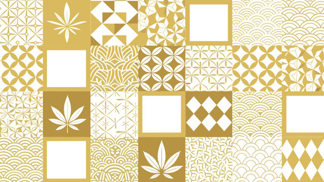 Grid of various traditional japanese patterns and hemp leaf designs in gold and white for a sophisticated oriental background.