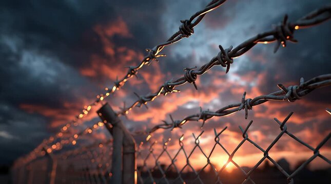 Sharp barbed wire is silhouetted against a vivid sunset sky, evoking themes of confinement, restriction, and the struggle between light and darkness. This generative AI video conveys symbolic storytel