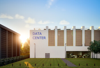 Data center building exterior against blue sky