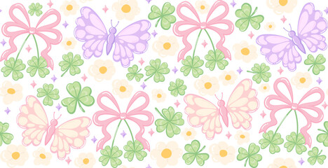 Cute shamrock seamless pattern decorated with coquette bow, flower and butterflies