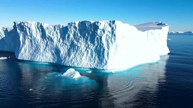 A massive iceberg floats in calm, clear blue waters under a bright, cloudless sky