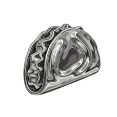 A realistic 3D render of a metallic taco-shaped object with intricate details, showing reflections and shadows. The object is isolated on a transparent background.
