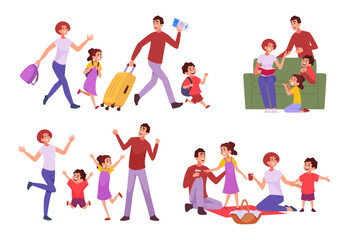 Fototapeta premium Family. Happy parents and kids sister and brother playing together exact vector cartoon set