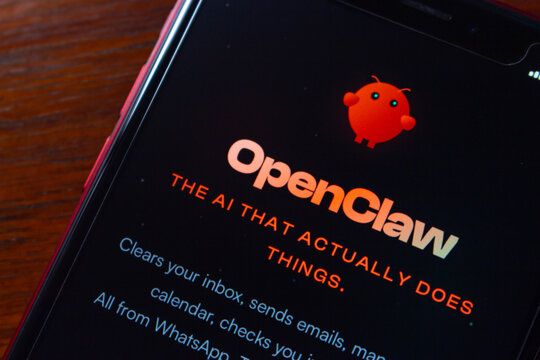 Quito, ECUADOR - Feb 3 2026 : Close-up of a smartphone displaying the OpenClaw AI assistant website, showcasing branding and tagline with red-orange accents.