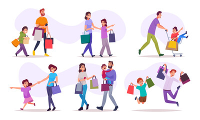 Fototapeta premium People shopping. Children in grocery market or mall shopping with parents mother and father exact vector illustrations set