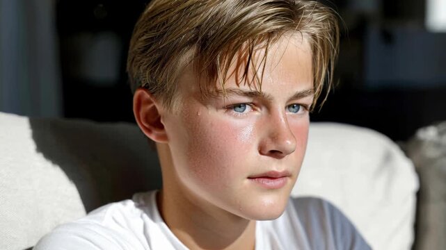 A blond boy with flushed cheeks and a sweaty forehead sits uncomfortably in the warm sunlight.