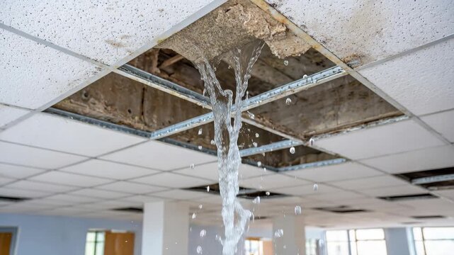 Water leaking heavily through a damaged suspended ceiling tile in a commercial building, indicating a serious leak.