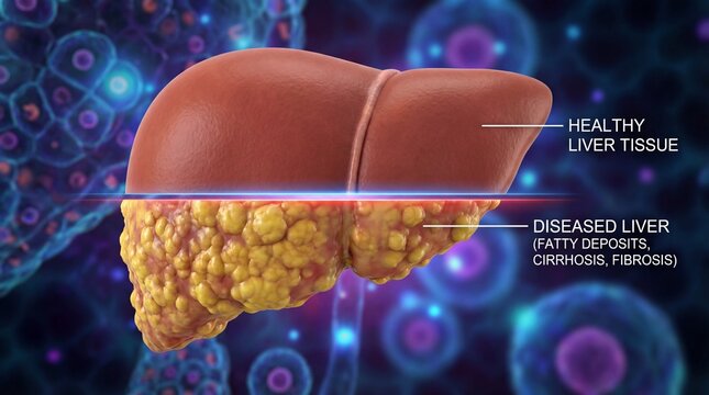 Healthy versus diseased liver with fatty deposits and cirrhosis