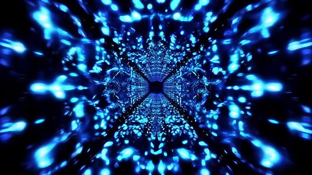 Lights move swiftly in a dark space creating patterns that change and shift over time in a captivating display