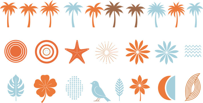 Set of minimalist tropical icons featuring palm tree silhouettes starfish sun bursts and botanical leaves in orange and blue flat design isolated on grey background