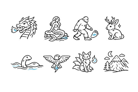 Collection of mythical creatures and folklore icons in a simple white outline style