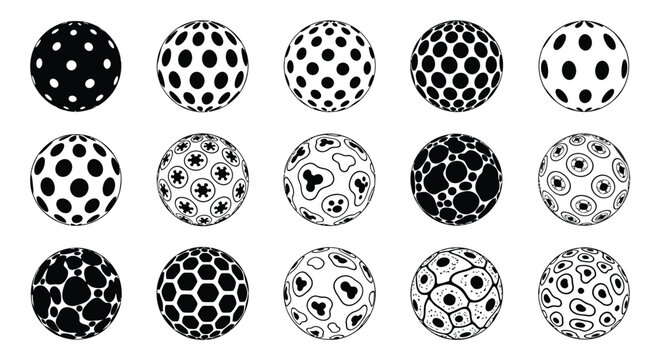 Arrangement of spherical objects with varying dot patterns in black and white
