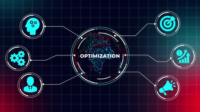 Business Process Optimization and Efficiency Improvement Concept with Global Data Analysis and Strategic Performance Growth Icons