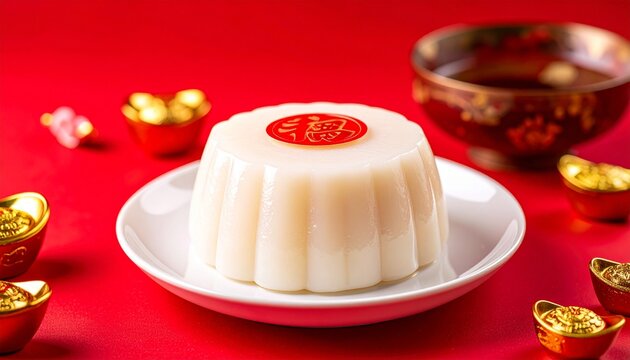 Traditional Chinese nian gao cake arranged on white ceramic plate, glossy sticky rice cake texture, red Chinese New Year background, golden ingot decorations, red fu symbol sticker on top, festive lun
