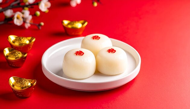 Traditional Chinese nian gao cake arranged on white ceramic plate, glossy sticky rice cake texture, red Chinese New Year background, golden ingot decorations, red fu symbol sticker on top, festive lun