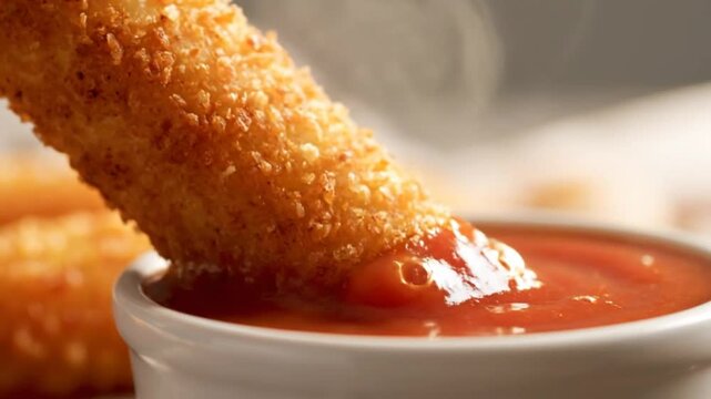 Close-up shot of crispy fried mozzarella stick being dipped into tomato marinara sauce for a delicious snack