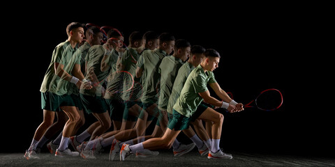 Stroboscopic tennis backhand preparation motion sequence on black background. Concept of reaction speed, shot anticipation, controlled technique, and professional performance analysis for ads. © master1305