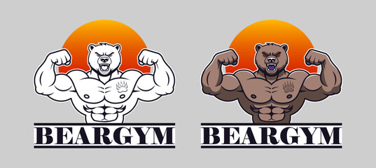 Vector graphic sports logo. Powerful angry brutal strong muscular growling bear bodybuilder with raised paws. Gym emblem. Black and white. Color logotype. Ursine and sport