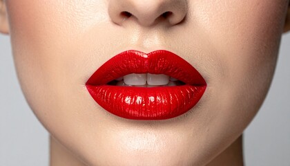 Naklejka premium Sensual allure radiates from these perfectly made-up lips, vibrant and captivating with glossy red lipstick, a stunning representation of beauty and feminine glamour