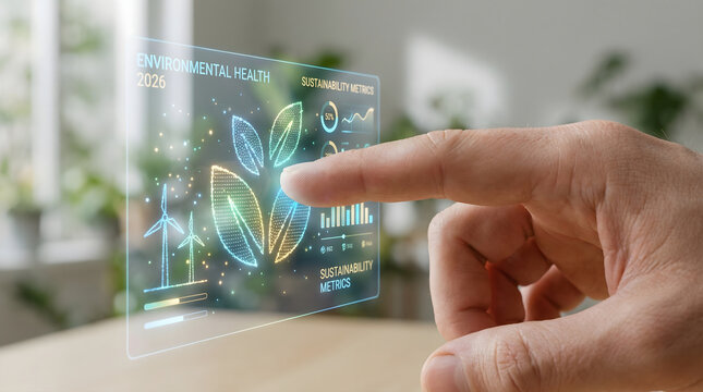 Innovative holographic display showcasing environmental sustainability data with interactive touch input
