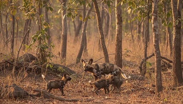 The African wild dog parent and pups (Lycaon pictus) are playing in the Miombo, the largest forest of Africa 
