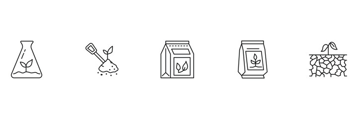 Gardening plant icon set, fertilizer bag, seedling trowel, soil beaker illustration.
