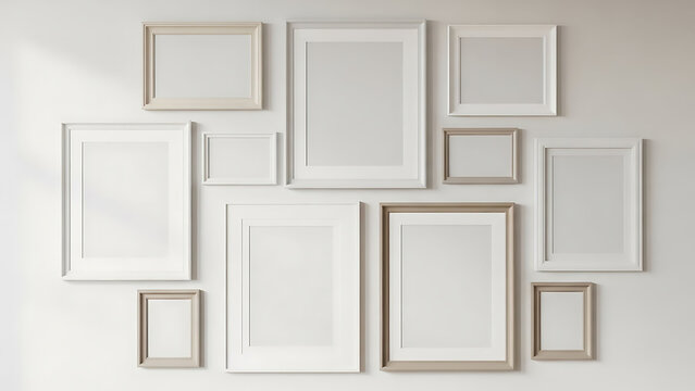 Composition of multiple blank white and beige photo frames of different sizes hanging on gallery wall