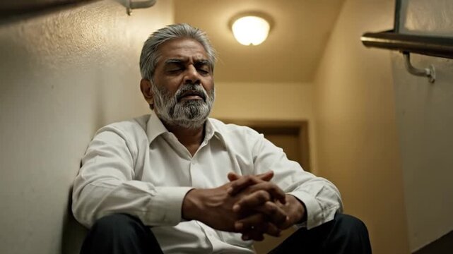 An elderly man sits contemplatively in a dimly lit stairwell with a thoughtful expression
