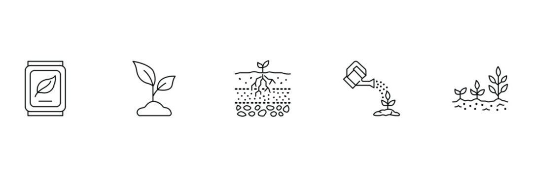 Plant growth icon set, seed can, leaf sprout, soil watering stages illustration.