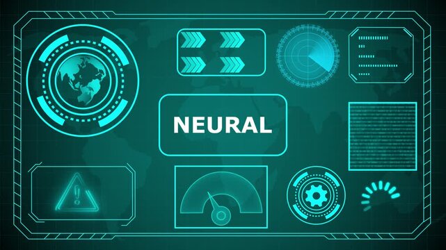 Futuristic HUD interface with "Neural" acronym in glowing blue concentric circles and digital background, HUD The world digital data cyber technology background. 4k animation video