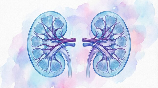 Human kidneys anatomy illustration showing detailed structure and function of renal organs in a pastel-colored artwork with soft watercolor background and transparent kidney visuals.