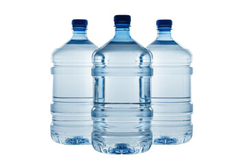 Naklejka premium Three large transparent 5-gallon water cooler bottles with blue caps, full of crystal clear water, on a white studio background, commercial water delivery concept