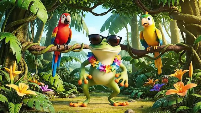 Happy Frog with Sunglasses and Parrots Dancing in a Vibrant Jungle.