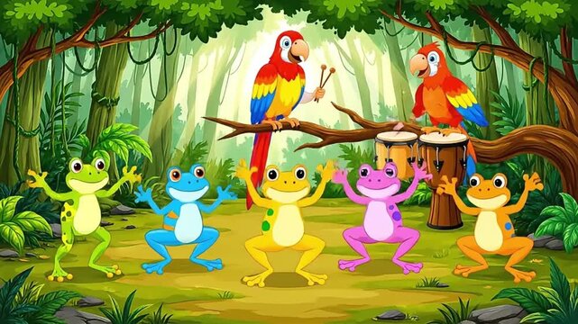 Jungle Party Frogs and Parrots Dancing and Playing Music.