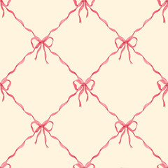 Watercolor seamless pattern with pink bows, ribbons forming rhombus on beige background. Hand-painted delicate pastel illustration © Olena Yevsikova