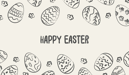 Fototapeta premium Hand drawn whimsical Easter banner with doodle egg border and flowers. Naive sketch style spring greeting card with imperfect ink texture and playful lettering for seasonal design. Vector illustration