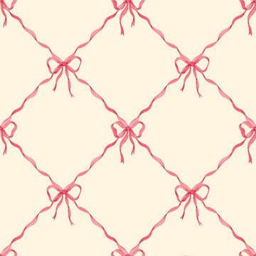 Watercolor seamless pattern with pink bows, ribbons forming rhombus on beige background. Hand-painted delicate pastel illustration
