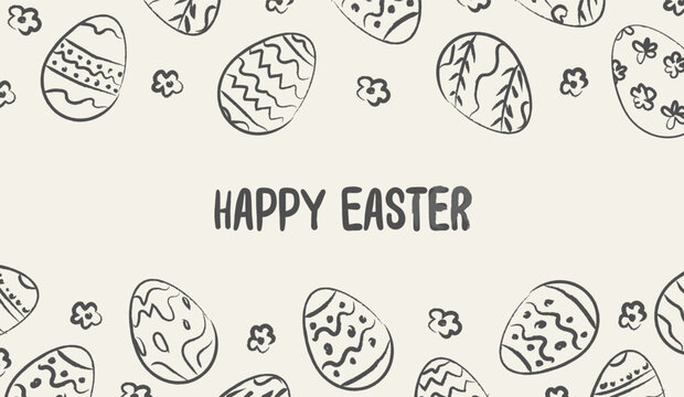 Hand drawn whimsical Easter banner with doodle egg border and flowers. Naive sketch style spring greeting card with imperfect ink texture and playful lettering for seasonal design. Vector illustration