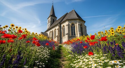 Alpine Landscape With Small Church and Colorful Flower Meadow